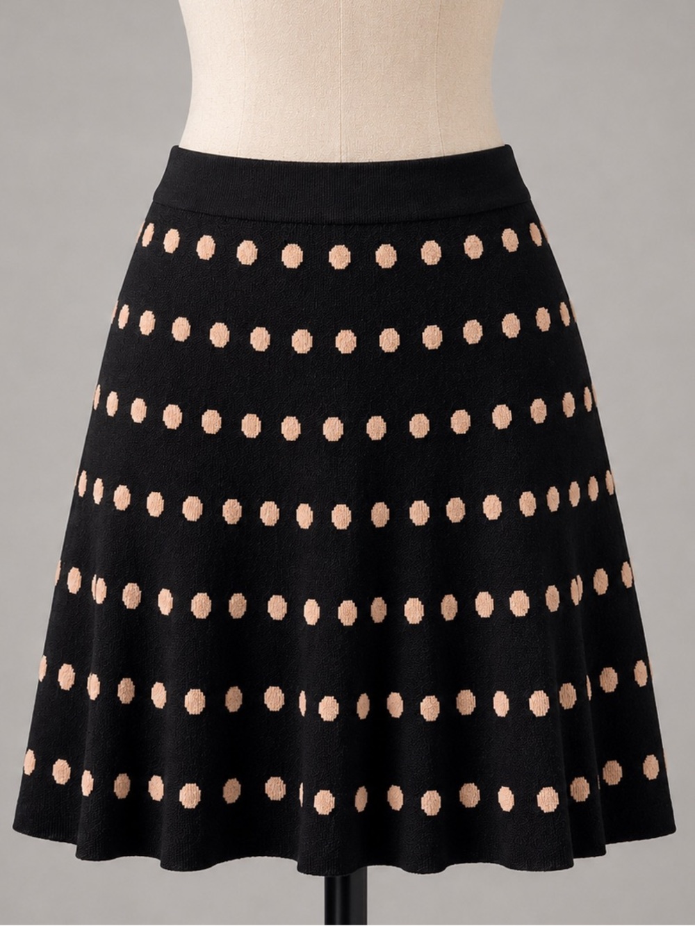 BCBG Max Azria Black Blush Polka Dot Knit Skirt Size M A Line Stretch Textured